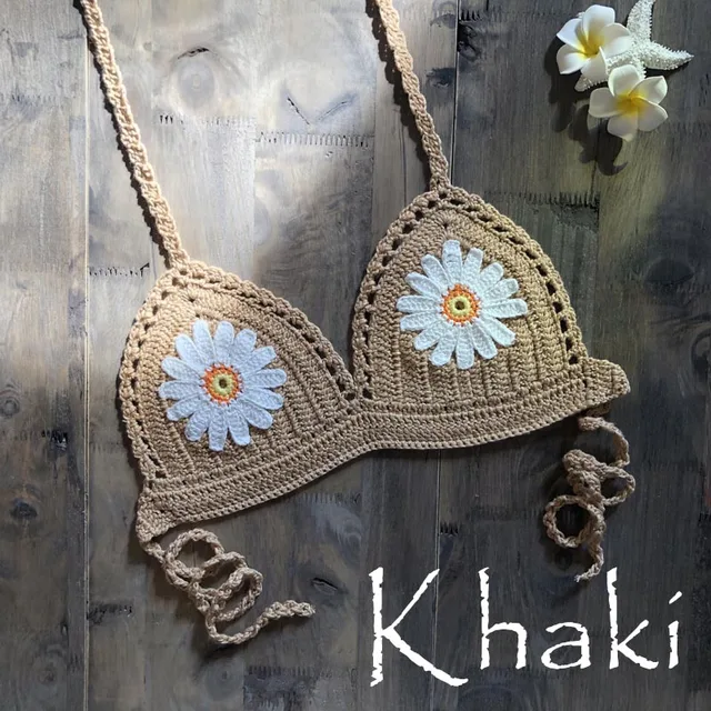 9 Color 2019 Sexy Bikini Top Women's Halter Neck Crop Top V Knit Crochet Cami Summer Fashion Bikini Lace Crochet Hollow Out Bra khaki