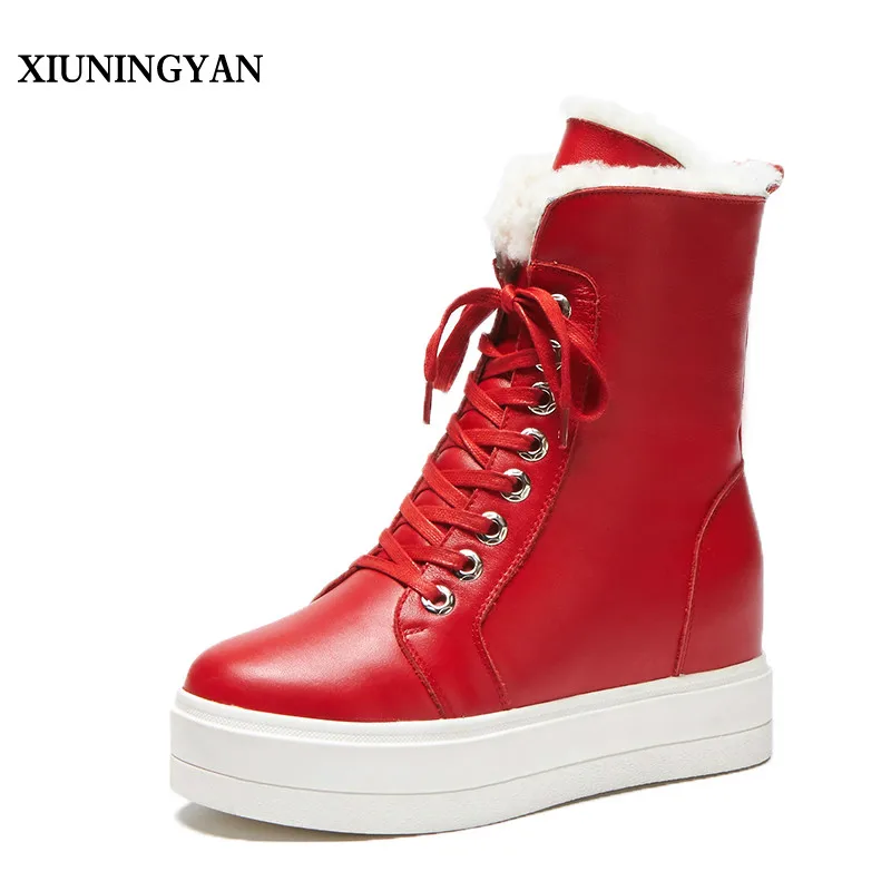 

XIUNINGYAN Brands 2018 New Genuine Leather Warm Plush Snow Boots Women Ankle Boots High Heel Platform Boots Winter Woman Shoes