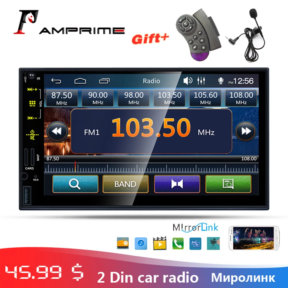 

AMPrime 2 din Car Radio 7" Stereo Car Multimedia Touch Mirrorlink Autoradio MP5 Player Bluetooth USB/TF/FM with Rear View Camera