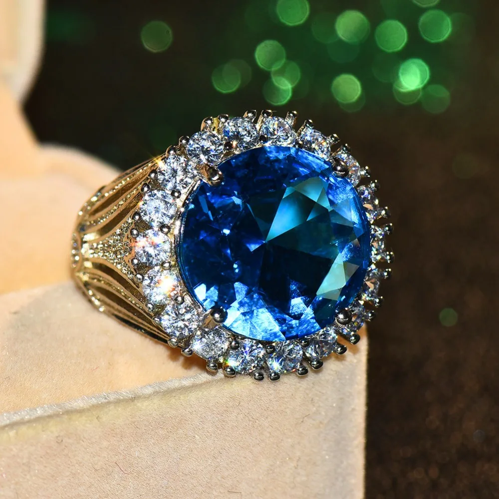 Luxury Female Big Blue Stone Ring Vintage 925 Silver