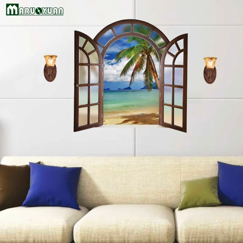 

Maruoxuannew For Coconut Tree Beach Scenery Fake Window Living Room Bedroom Decoration Wall Sticker Removable Vinyl Mural Decal