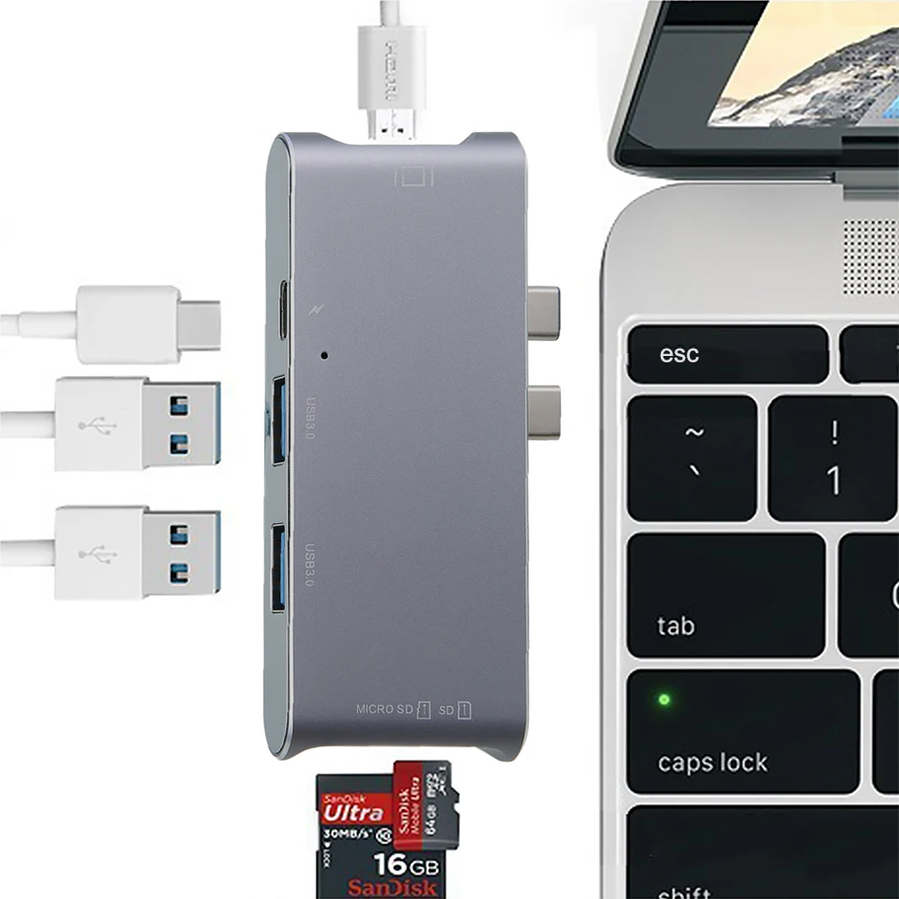 Портативный Тип USB c концентратор к HDMI 4 К HD видео C адаптер с 2xusb 3.1 порта Micro SD карты