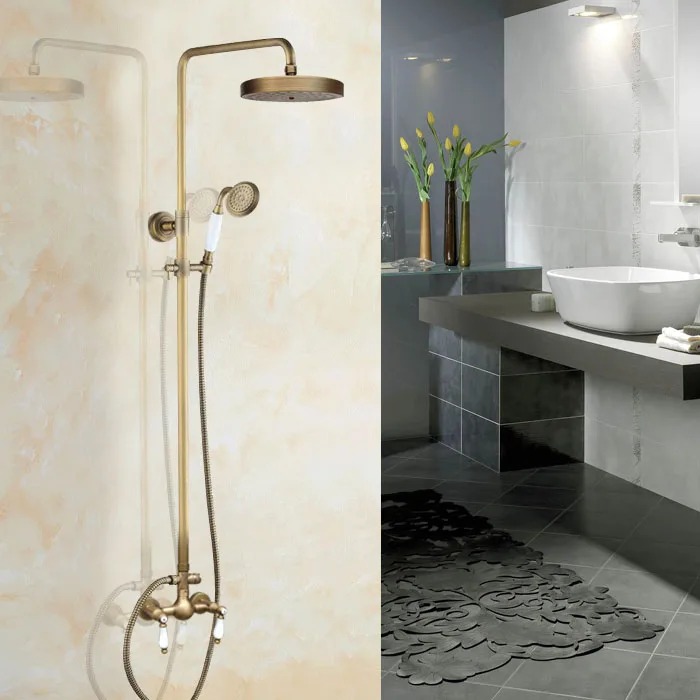 

Bathroom Dual Ceramics Handles Antique Brass Wall Mounted Round Shower Head Rain & Hand Shower Faucet Mixer Tap Set aan119