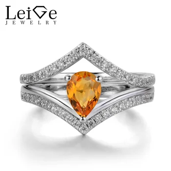 

Leige Jewelry Cittine Ring Set Sterling Silver 925 Jewelry Wedding Engagement Rings for Women Pear Cut Yellow Crystal Gemstone