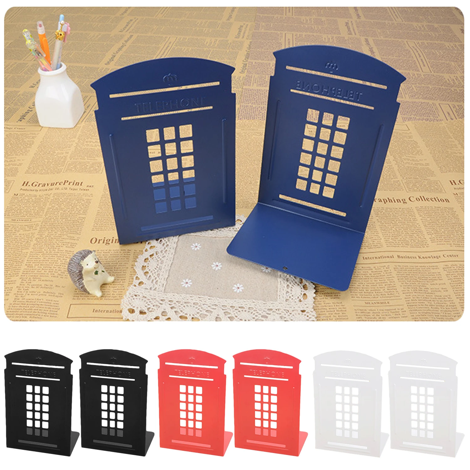 

2pcs Universal Vintage Telephone Booth Decorative Bookends Heavy Duty Metal Book Ends Holder Supports for Home Office Organizer