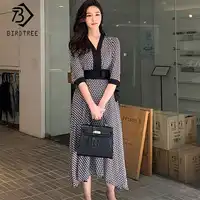 2019 Nieuwe Zomer vrouwen Plaid Driekwart Mouwen Midi Jurk Boog V-hals Hoge Taille Elegent Office Lady Hot Sales d94905K