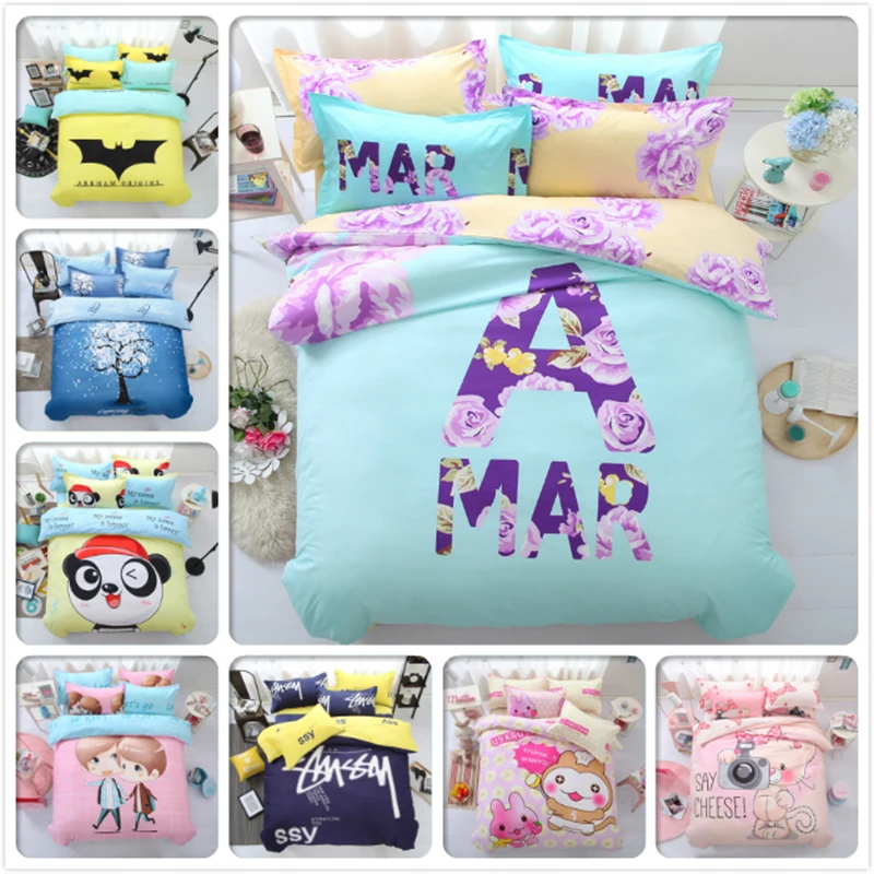 

NEW Letter Cartoon Cotoon Bedding Set 4pcs Boy Girl Kids Bedlinens Queen Double Single Size Duvet Cover 1.2m 1.5m 1.8m Bed Sheet