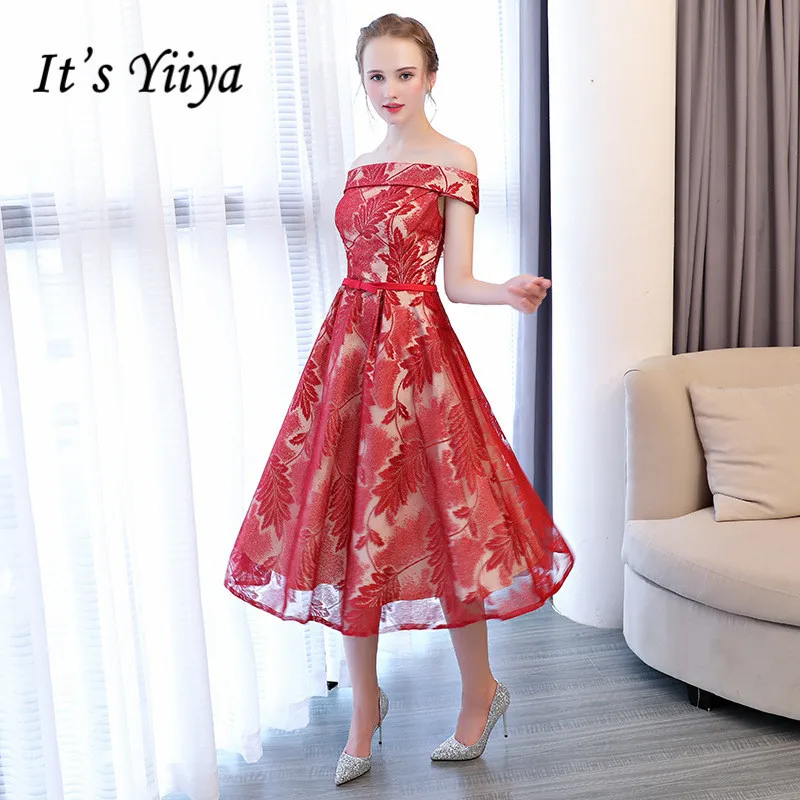 

It's YiiYa Red Strapless Off The Shoulder Floral Print Backless Lace Up Cocktail Gowns Tea Length Party Fromal Dress LX469