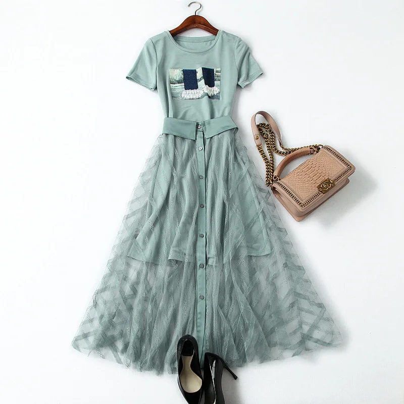 Rok Set Vrouwen Zomer 2019 Nieuwe Mode Applique Lovertjes O-hals Korte Mouwen Lange T-Shirt Top + Perspectief Mesh Lange Rok Rok Set Vrouwen Zomer 2019 Nieuwe Mode Applique Lovertjes O-hals Korte Mouwen Lange T-Shirt Top + Perspectief Mesh Lange Rok
