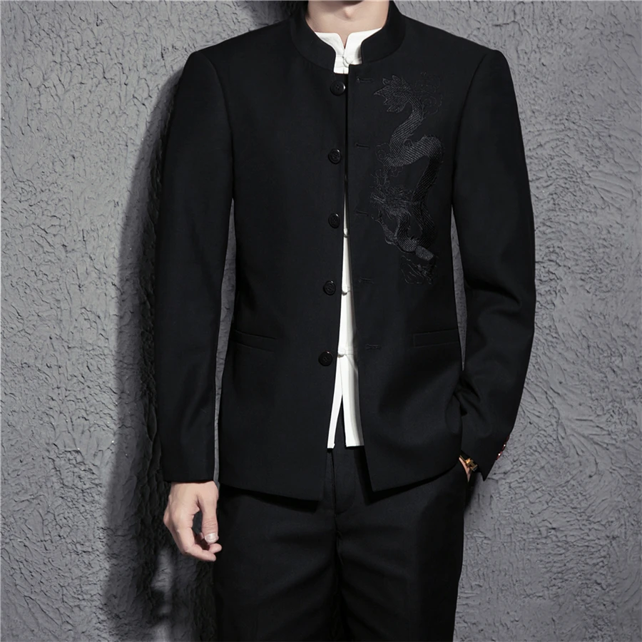 

2018 New Chinese Style Men's Suit Jacket + Pants Fashion Business Black Men Coats and Male Trousers Slim Noble Comfort Clothing