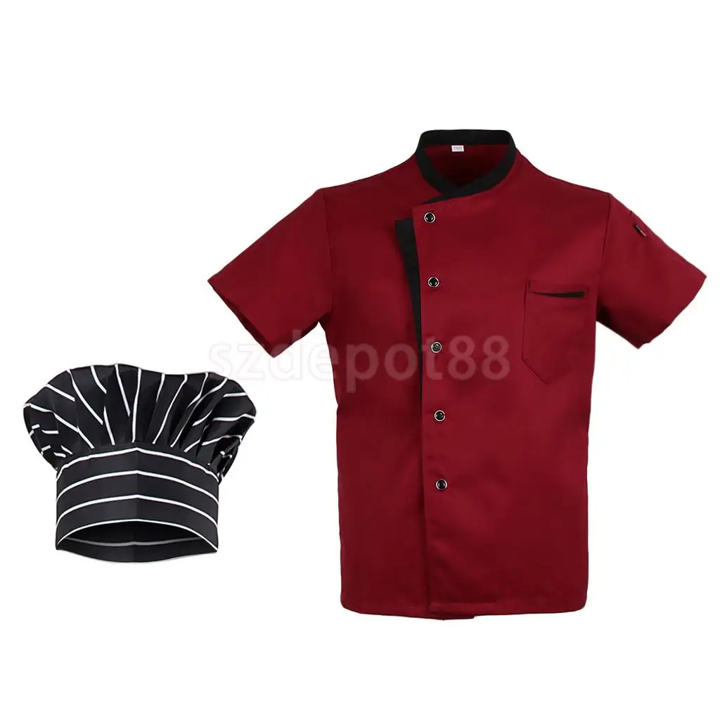 Adult Durable Five Star Chef Shirts Red Catering Uniform Mesh Sleeve Pen Pockets Chefwear Coat Chef Hat M