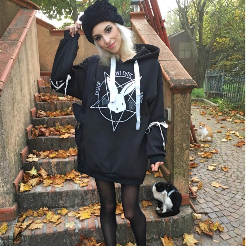  Harajuku Rabbit Pentacle Print Women Sweatshirt Kwaii Hoodie Causal Loose Long Sleeve Female Sweats