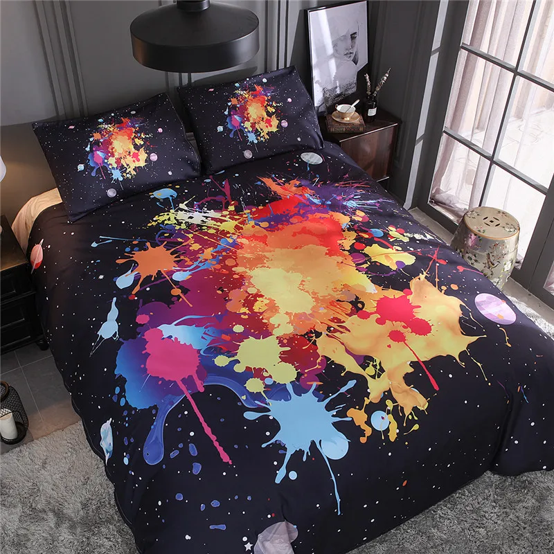 Black Starry Bedding Set Queen Size Watercolor Doodle Pattern Quilt