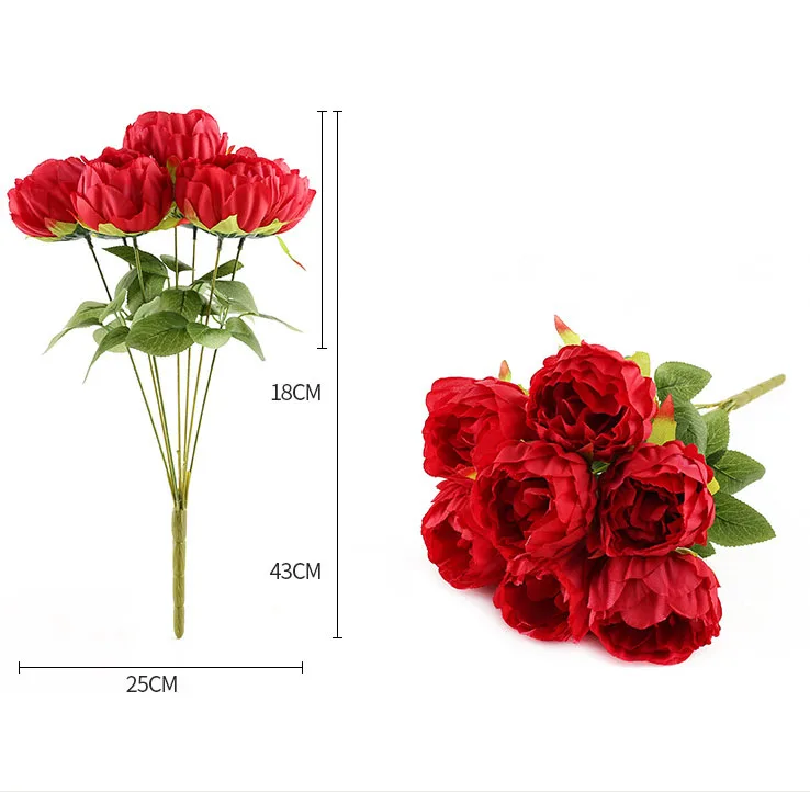 red artificial flower silk peonies bouquet fake peony rose red wedding bouquet home decor