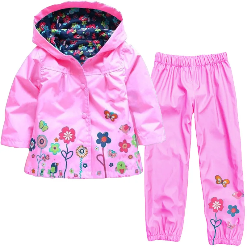 Весенний комплект с защитой от ветра для маленьких девочек, плащ на молнии с капюшоном, комплект одежды для детей, куртка для мальчиков, верхняя одежда Детский костюм одежда с цветочным принтом для детей возрастом от 2 до 6 лет - Цвет: Розовый