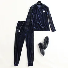 2018 NEW brand runway women sprint 2 piece pants suits velvet pullovers fleece and elastic waist pencil full pants casual suits