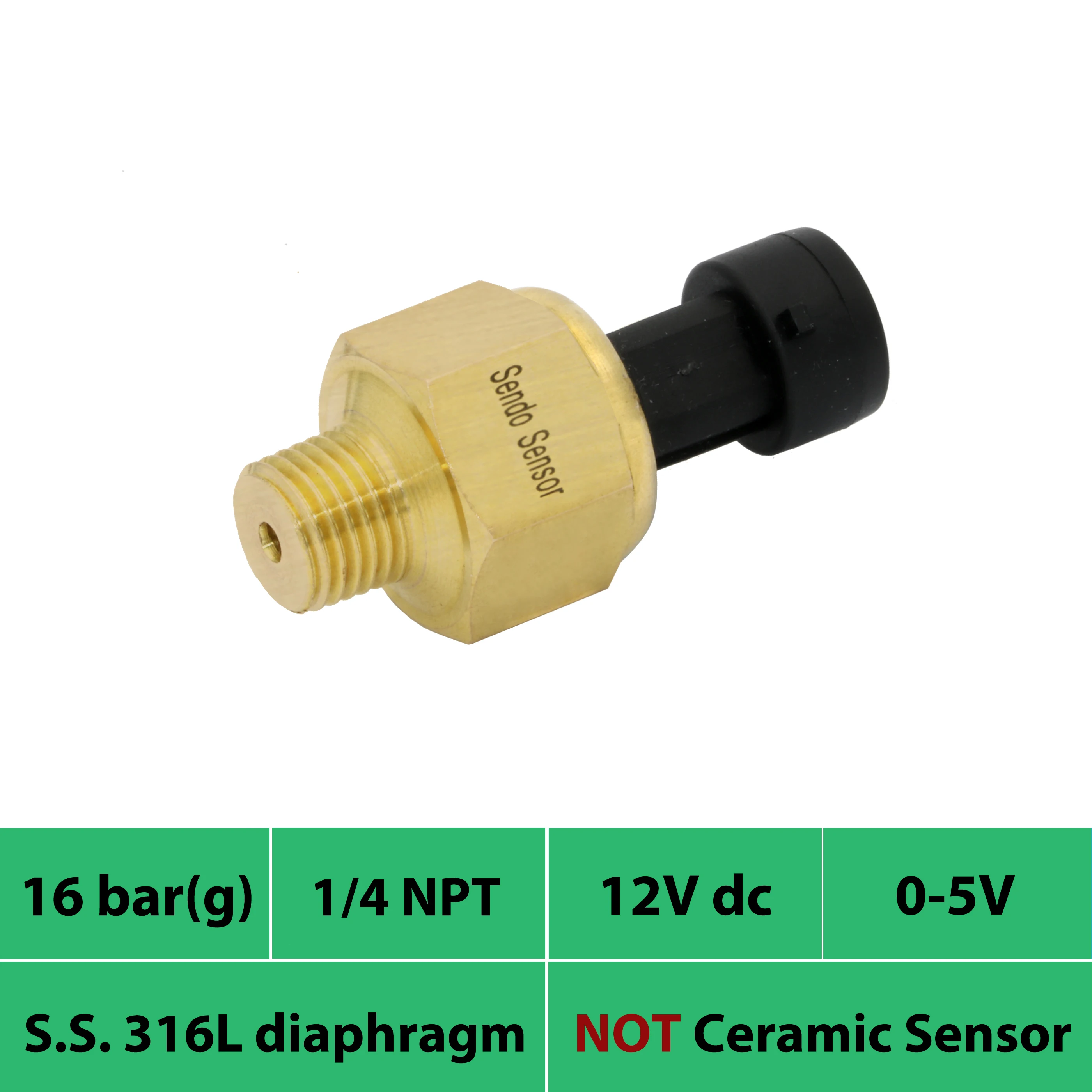 

1 4 in NPT thread, 0 16 bar, 1.6 Mpa gauge pressure sensors, 0 5V output, 12v, 24v, voltage supply, Brass housing, IP65, oil