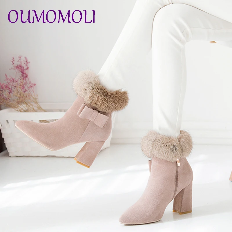 

new arrive 2019 hot sale suede leather boots woman short plush Bow ankle boots autumn winter boots ladies thick heel shoes
