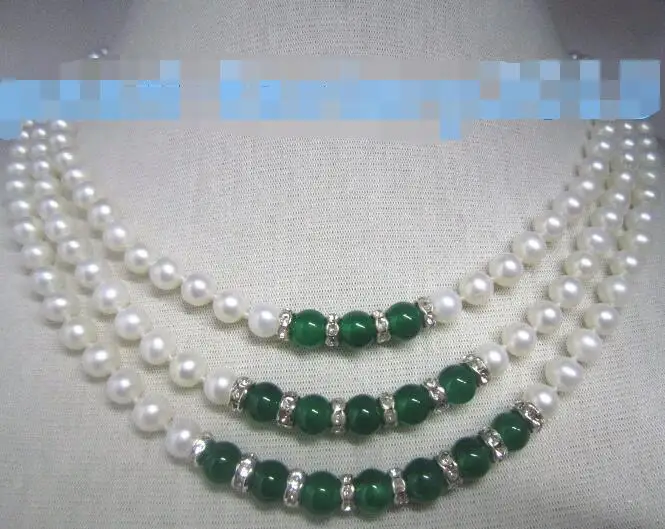 Triple strands AAAA 8 9mm green jade+South Sea white Pearl Necklace 14k ...