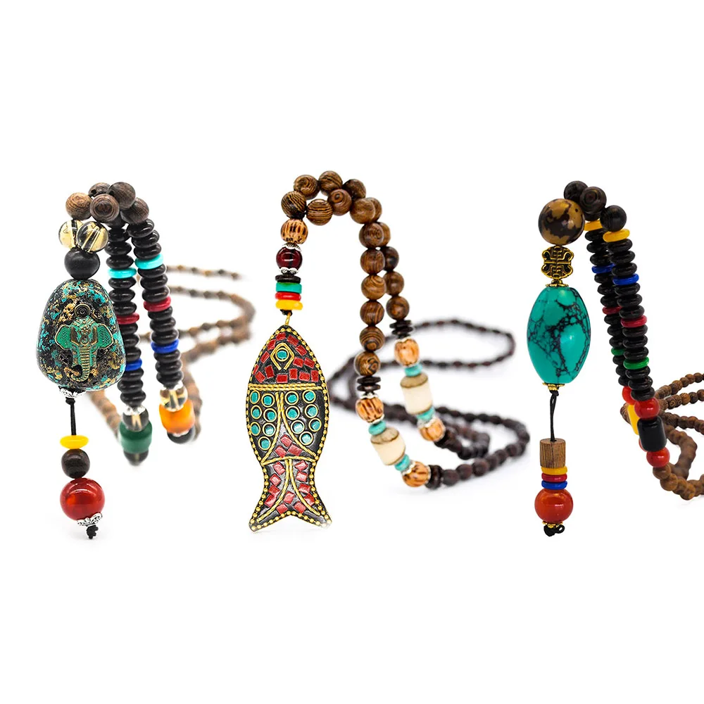 

Handmade Vintage Talisman Ethnic Nepal Necklace Buddhist Mala Wood Beaded Fish Pendant Necklace Long Statement Sweater Necklace