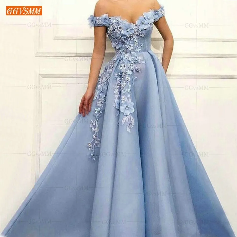 US $87.12 Blue Off The Shoulder Prom Dresses Long 2020 Vestidos De Gala Tulle 3d Flower Beaded Pageant A Line Evening Gowns Women Dress