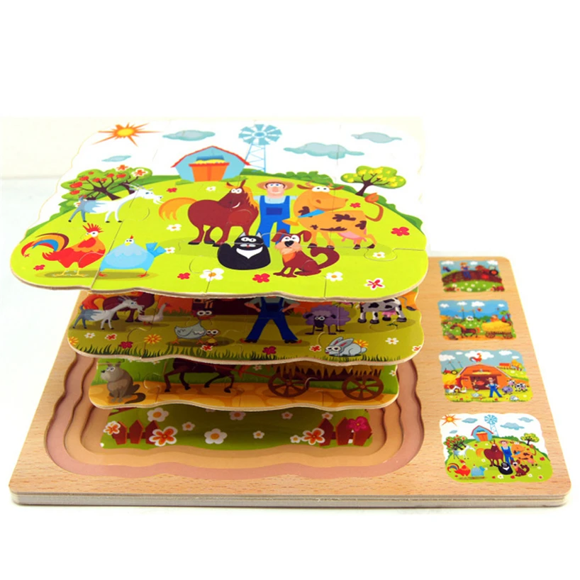

4 Layer Cartoon Story Wooden Puzzles Farm Multi-layer Jigsaw Rabbit & Turtle Wolf Puzzle Children's Learning Toy RE3