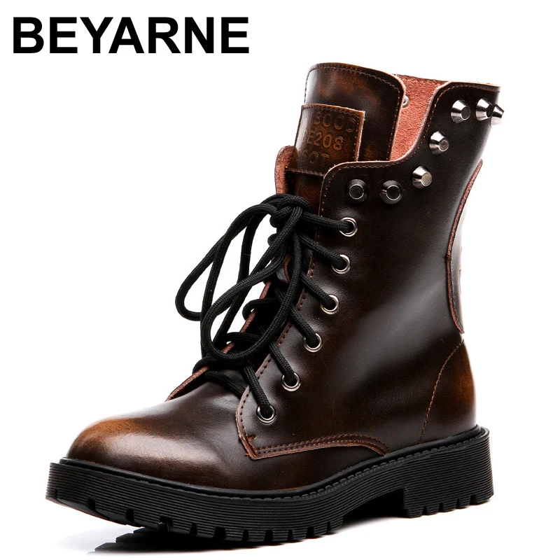 

BEYARNE Military Boots For Women Genuine Leather Shoes Skull Rivets Ankle Boots Heels Platform Combat Boots Fur Punk Boots