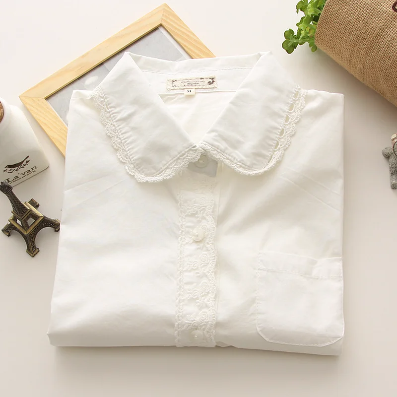 

Mori Girls White 100% Cotton Shirts Female Sweet Style Lace Patchwork New Design Solid Blouses Women Spring Autumn Basic Blusas