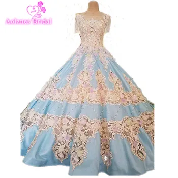 

Gorgeous Appliques Chapel Train Arabic Blue Satin Wedding Dress Vestido Beaded Crystal Scoop Neck 2017 Bridal Gown Real Photos