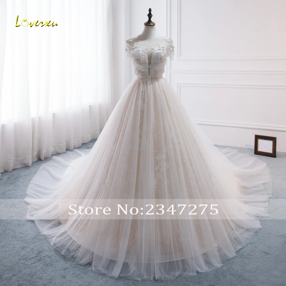 Loverxu Vestido De Noiva кружевное бальное платье с кисточками, свадебное платье, роскошное с коротким рукавом аппликации из бисера, часовня, свадебное платье с длинным подолом