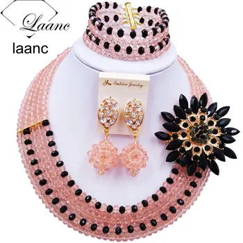 

Laanc Latest Peach and Black Costume African Jewelry Beads Nigerian Wedding Necklace and Earrings Set C5RST032