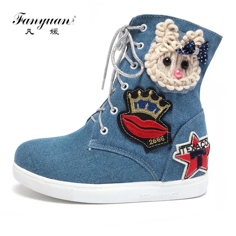 

Fanyuan Women's Boots Spring Autumn Cartoon Animation Mid-Calf Boots Cross-Tied Ladies Casual Shoe Winter Warm Short Plush Boots
