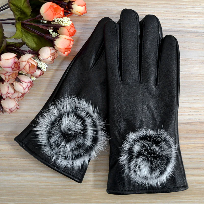 2017 Winter Leather Gloves for Women Fashion Gloves Fur Lined Mittens