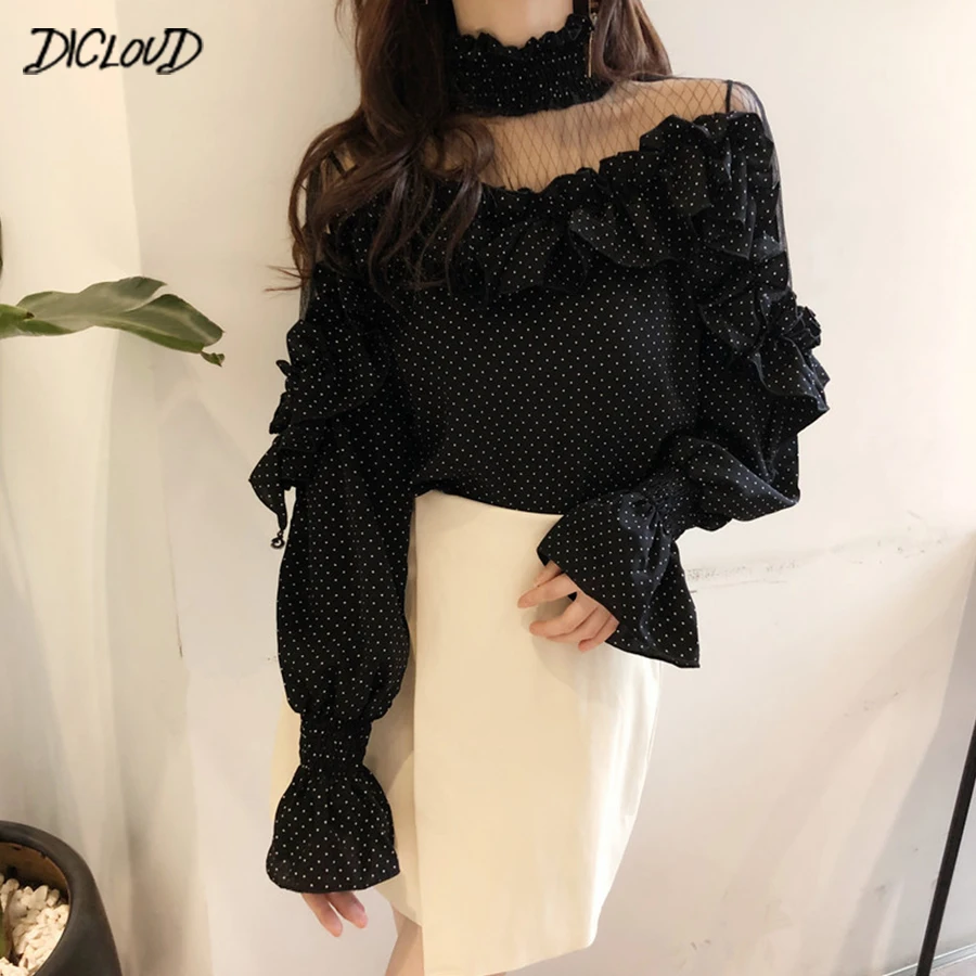 

2019 Retro Ruffle Shirt Female Fashion Long-Sleeved Chiffon Womens Tops Sexy Hollow Net Yarn Blouses Office Ladies Shirts