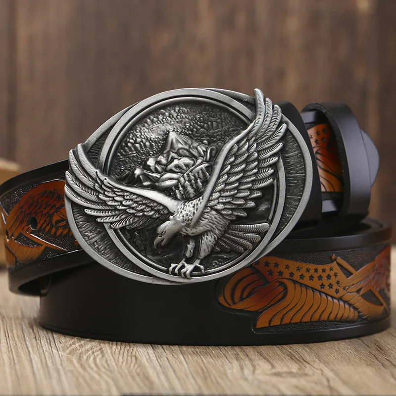 

High Quality Cow Leather Eagle Pattern Belt Fashion Smooth Buckle Belt for Men Casual Belt larger size 110-130cm