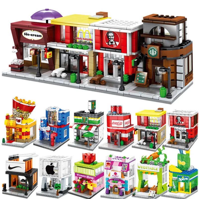 

Toy 3D Fast Food Pizza Ice Cream Candy Shop Bookstore Block Toy Mini City Street Building Blocks DIY Kits Toys For Children