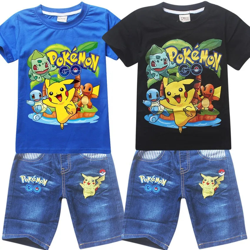 T-shirts + Calças de Brim Terno para Meninos Camisetas de Algodão Novo Menino Camisa Pokemon go Cartoon Crianças Pikachu Meninas Conjuntos 2020 t 4 brim terno para meninos meninas camisetas de algodão conjuntos