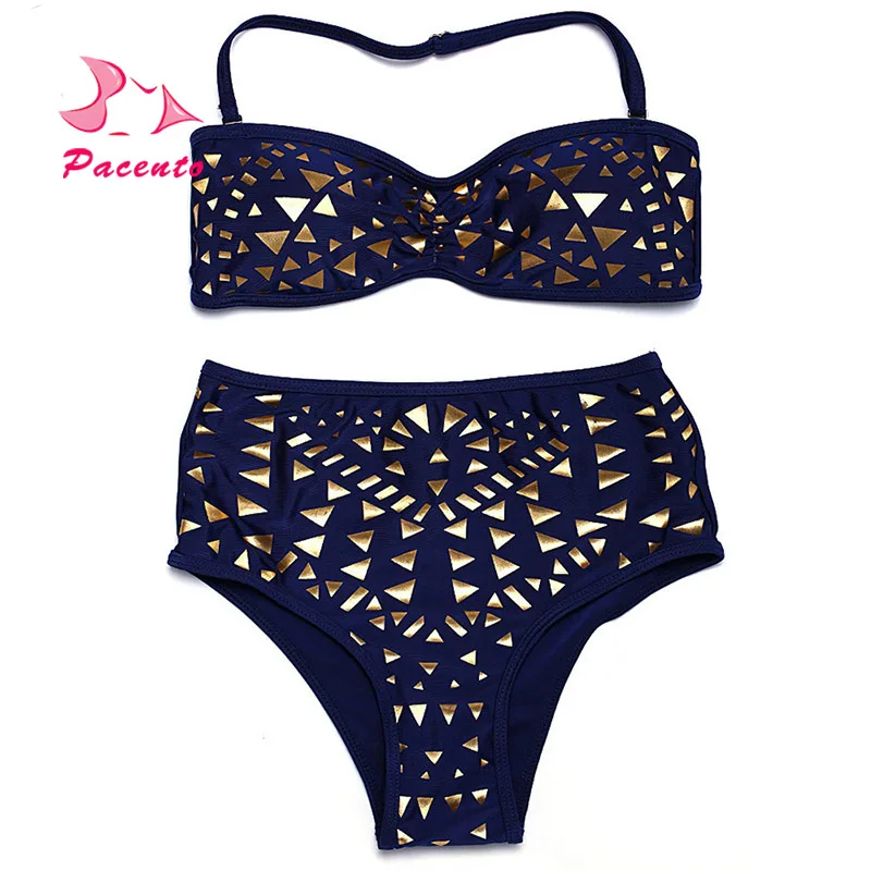PACENT Gold Shiny High Waist Bikini Brazilian Plus Size Women Swimwear Female Halter Womens Swimsuit Bathing Suits Plavky XL