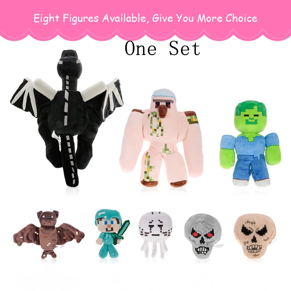 

8 Pcs A Set Minecrafter Ender Dragon Iron Golem Ghast Skeleton Bat Diamond Steve Zombie Plush Stuffed Juguetes Toys for kids