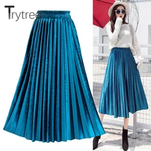 Trytree летняя Осенняя плиссированная юбка женская винтажная юбка с высокой талией бархатная Вельветовая длинная юбка модная металлическая юбка женская