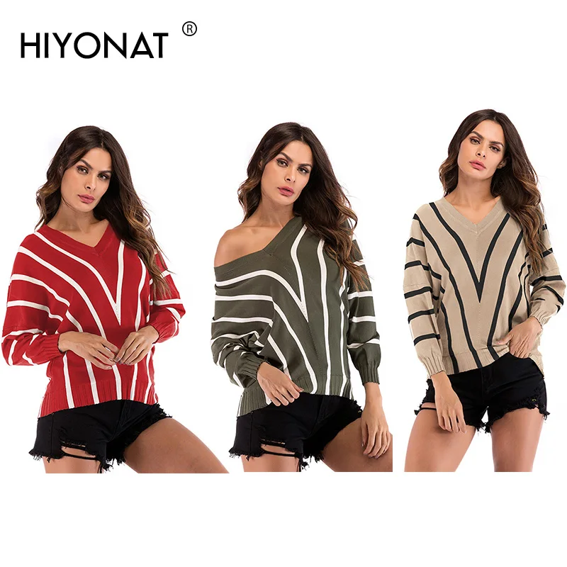 Hiyonat Elegant V-neck Sweaters Women 2019 Fashion Loose Fit Pullover Western Campus Pull Femme Autumn Basic Casual Jumper