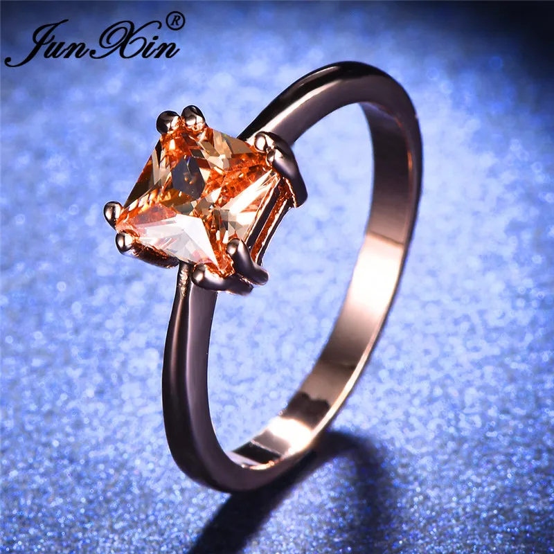 JUNXIN Rainbow Fire Birthstone Square Thin Rings For Women Rose Gold Filled Purple White Champagne Zircon Wedding Ring Female CZ