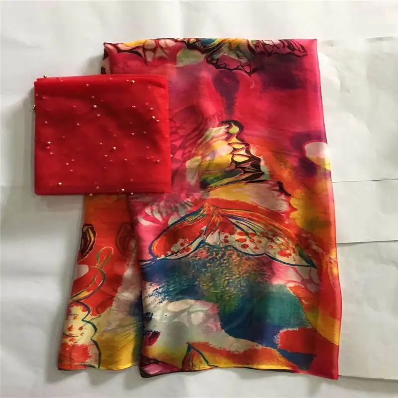

LX!African soft silk fabric for garment neat embroidery on the red satin material with swiss voile lace tissu! F32415