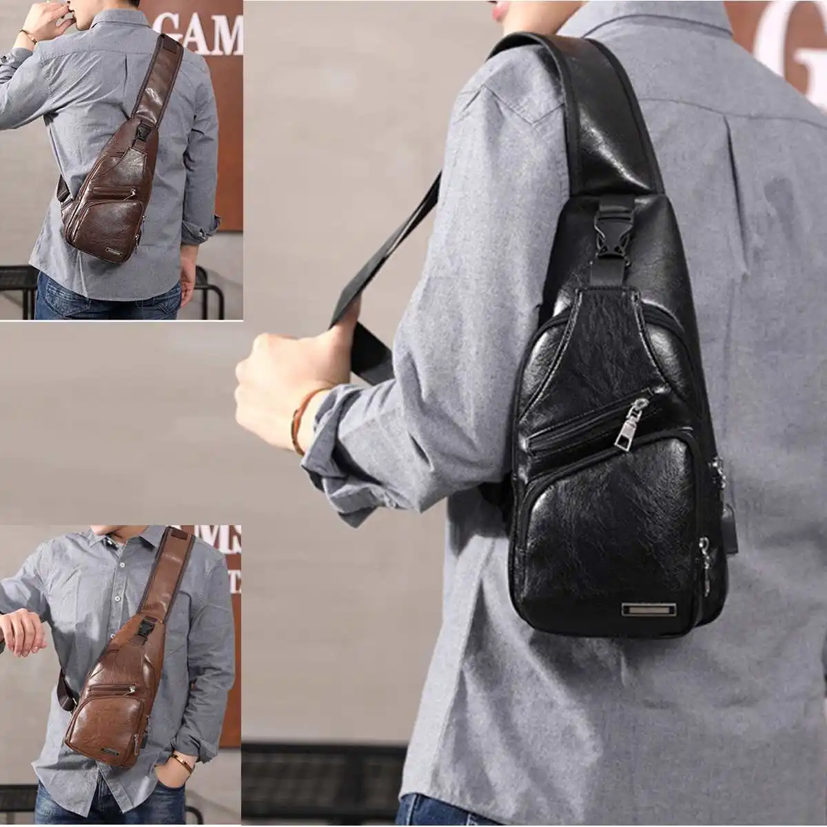  New Men's Chest Bag USB Charging Crossbody Bags PU Leather Shoulder Bag Diagonal Package Back Pack  - 33041395489