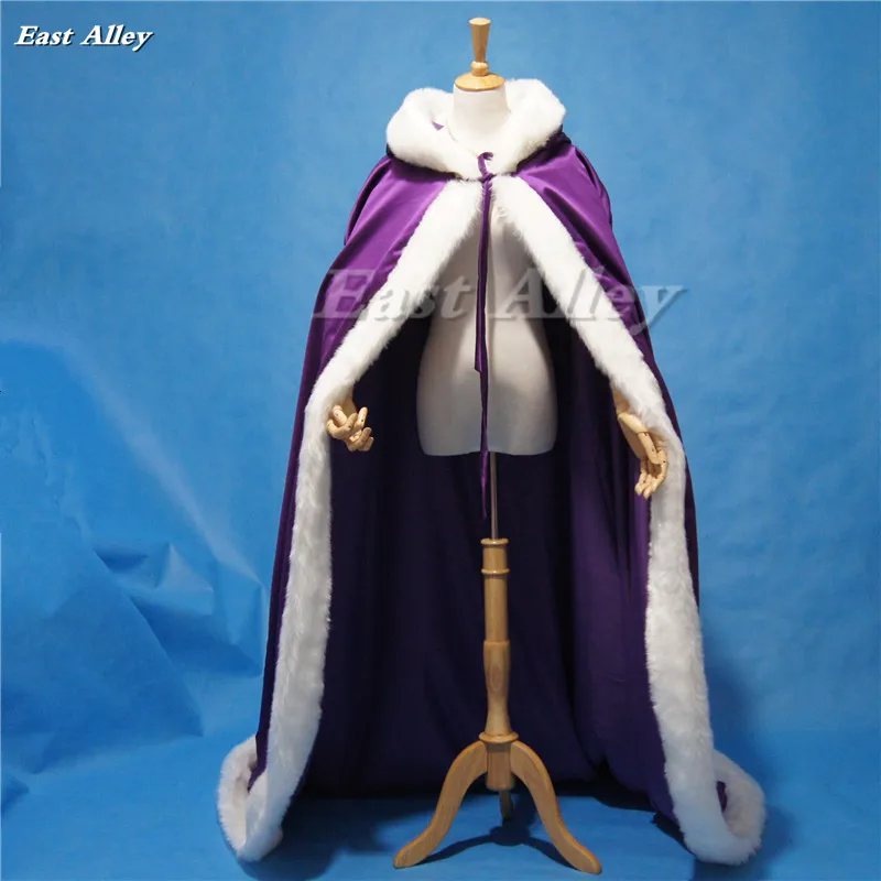 

High Quality Purple Bridal Cloak Winter Hooded Faux Fur Trim Satin Wedding Cape Shawl Cape Mantles Manto