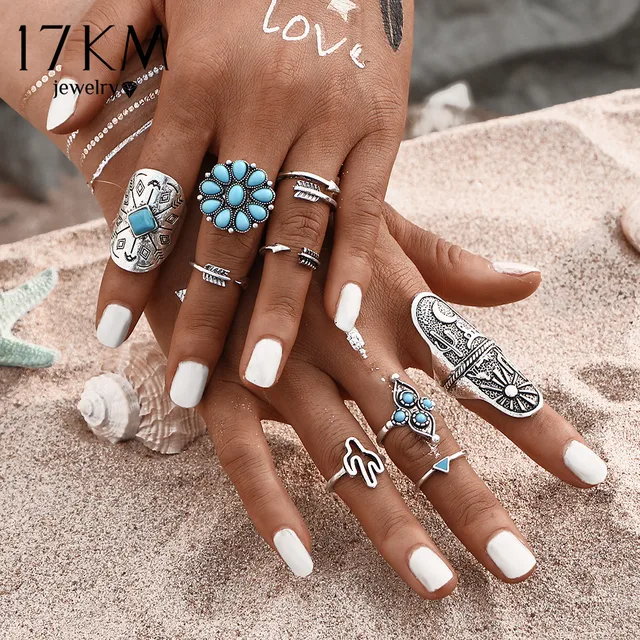 17KM 9Pcs/ Fashion Blue Stone Bohemian Ring Set Vintage Steampunk Cross flower A 17KM 9Pcs/ Fashion Blue Stone Bohemian Ring Set Vintage Steampunk Cross flower A