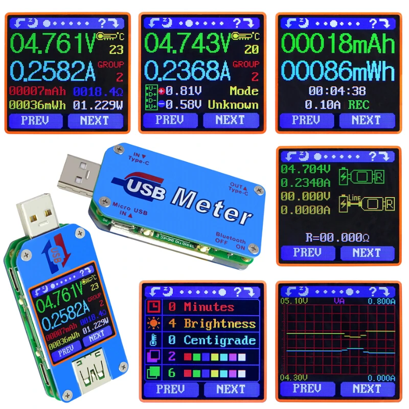 

UM25C Battery Charge Measure USB 2.0 Tester Voltmeter Ammeter Current Voltage Meters Cable Resistance Type-C Color LCD