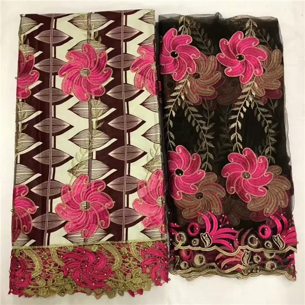

Pretty wedding/party 6y African embroidery wax lace fabric and 2y French net lace fabric for dress set WNL38