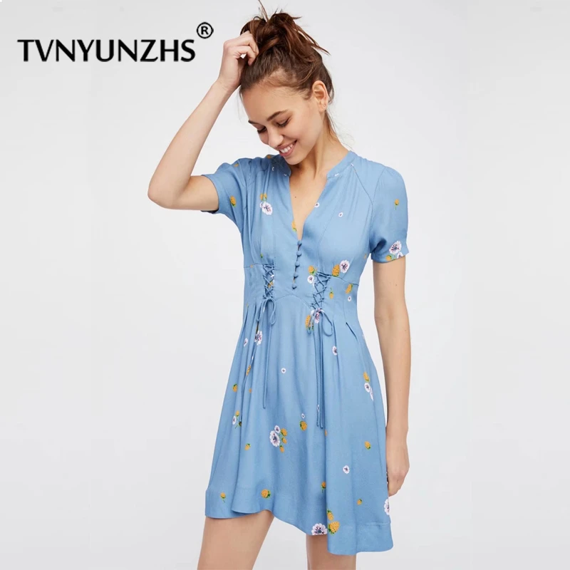 2018 verano azul de moda Vestido corto casual botón Fly Loose v cuello elegante vestido de alta cintura Encaje up imprimir mini vestido|loose dress|mini dresshigh waist dress - AliExpress