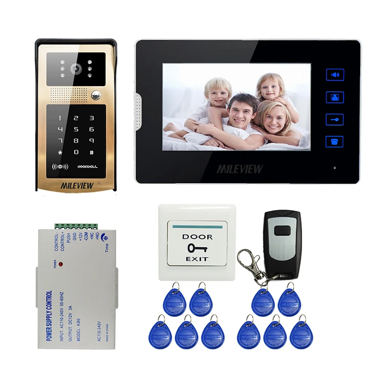 

FREE SHIPPING 7" Touch Button Screen Video Door Phone Intercom Kit Golden Metal Outdoor RFID Code Keypad Doorbell Unlock Camera